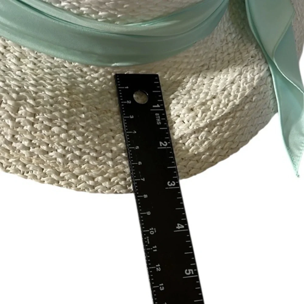 White straw hat spring , summer with mint green scarf attached